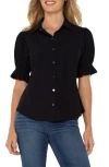Liverpool Los Angeles Puff Sleeve Knit Snap-up Shirt In Black