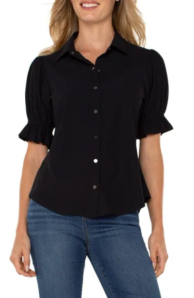 Liverpool Los Angeles Puff Sleeve Knit Snap-up Shirt In Black