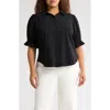 Liverpool Los Angeles Puff Sleeve Knit Snap-up Shirt In Black