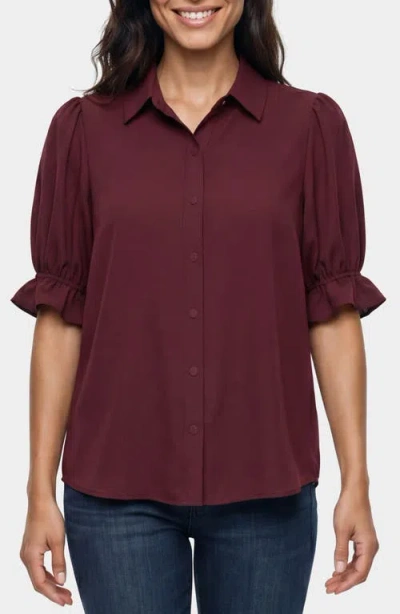 Liverpool Los Angeles Puff Sleeve Knit Snap-up Shirt In Burgundy