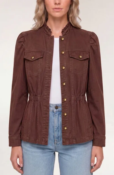 Liverpool Los Angeles Puff Sleeve Ruffle Trim Trucker Jacket In Brown