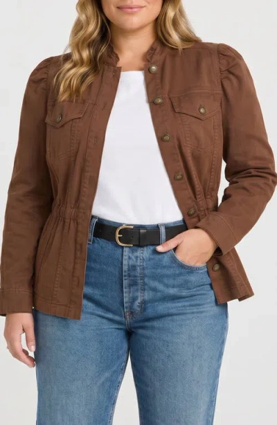 Liverpool Los Angeles Ruffle Neck Puff Sleeve Trucker Jacket In Brown