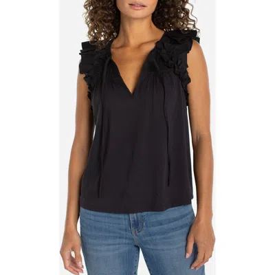 Liverpool Los Angeles Flutter Sleeve Knit To Woven Top With Ties In Black