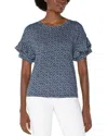 Liverpool Los Angeles Batik Tiered Ruffle Sleeve Jersey Top In Navy Cream Batik