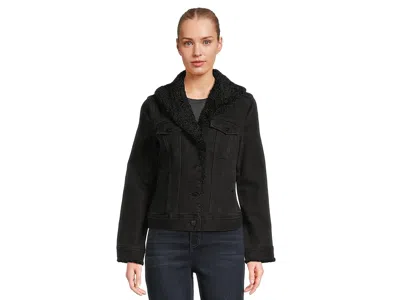 Liverpool Los Angeles Sherpa Collar Stretch Denim Trucker Jacket In Black