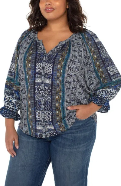 Liverpool Los Angeles Plus Size Printed V-neck Button-front 3/4-sleeve Blouse In Blue