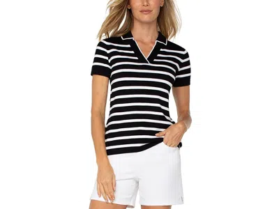 Liverpool Los Angeles Short Sleeve Collared Sweater Top In Black