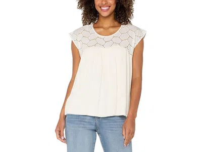Liverpool Los Angeles Short Sleeve Dolman Boat Neck Woven Blouse W Embroidery In White