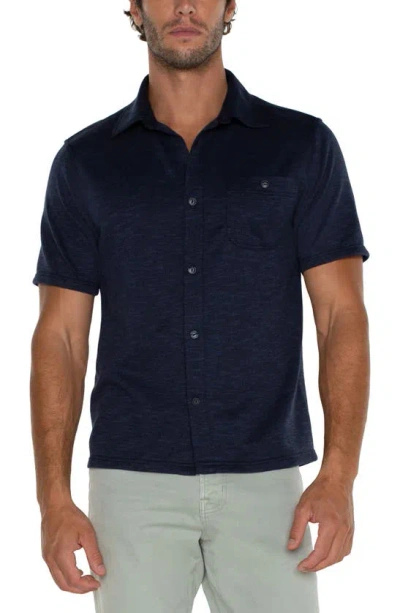 Liverpool Los Angeles Short Sleeve Slub Knit Button-up Shirt In Navy Blue Multi