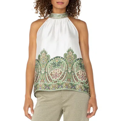 Liverpool Los Angeles Sleeveless Mock Neck Top In Creme Olive Paisley Print