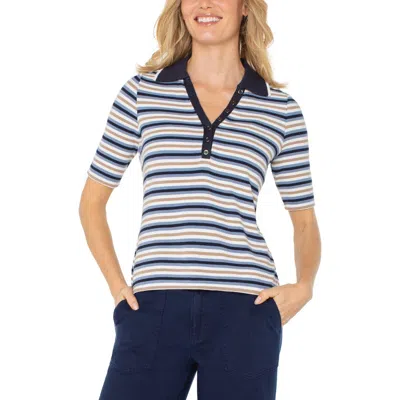 Liverpool Los Angeles Stripe Collared Rib Henley Top In Blue