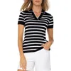 Liverpool Los Angeles Stripe Collared Short Sleeve Sweater In Black,white Stripe