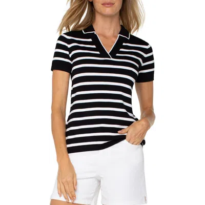 Liverpool Los Angeles Stripe Collared Short Sleeve Sweater In Black,white Stripe