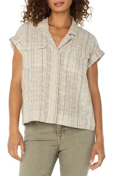 Liverpool Los Angeles Stripe Eyelet Cotton & Linen Camp Shirt In Green