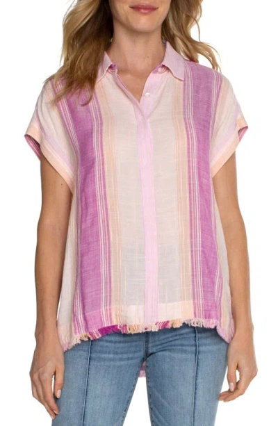 Liverpool Los Angeles Stripe High Low Short Sleeve Button-up Shirt In Lavender Multi Stripe