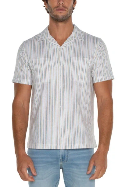 Liverpool Los Angeles Stripe Linen & Cotton Camp Shirt In White Aqua Mltstp
