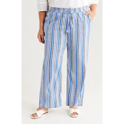 Liverpool Los Angeles Stripe Linen Blend Drawstring Wide Leg Pants In White Blue Milti Stripe