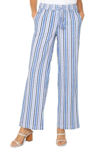 Liverpool Los Angeles Stripe Linen Blend Drawstring Wide Leg Pants In White Black Mlt Stripe