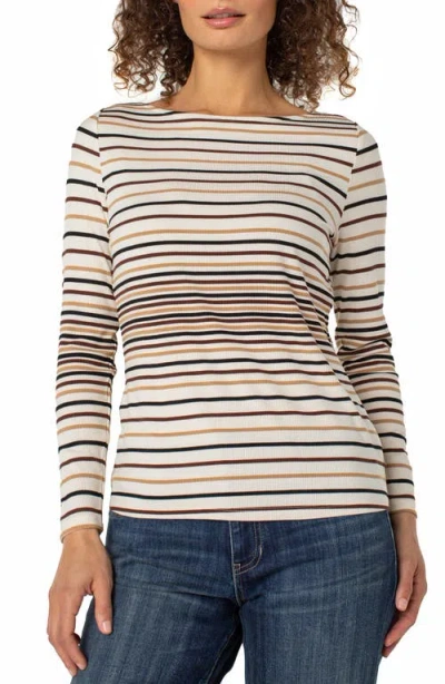Liverpool Los Angeles Stripe Rib Boat Neck Long Sleeve Top In Neutral