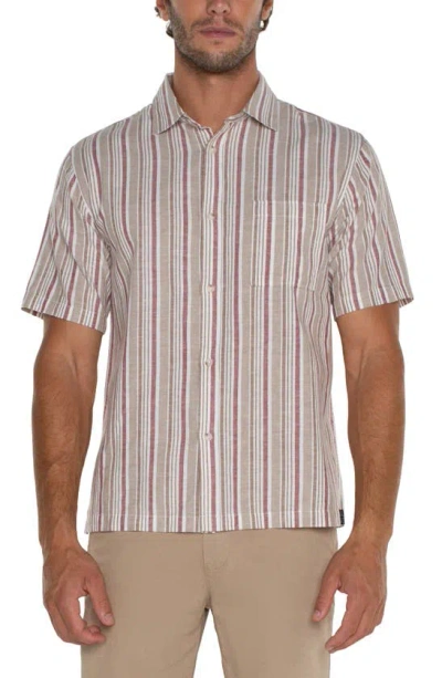 Liverpool Los Angeles Stripe Short Sleeve Cotton & Linen Button-up Shirt In Kahki/ Nantucket Red