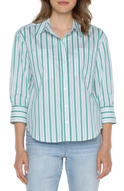 Liverpool Los Angeles Stripe Three Stretch Poplin Button-up Shirt In Teal White Green