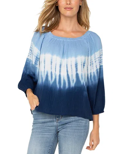 Liverpool Los Angeles Three Quarter Sleeve Boat Neck Top In Blue,white Tiedye