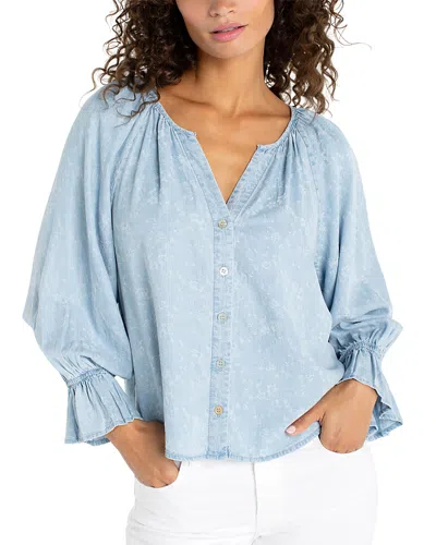 Liverpool Los Angeles Three Quarter Sleeve Button Front Shirred Woven Top In Blue