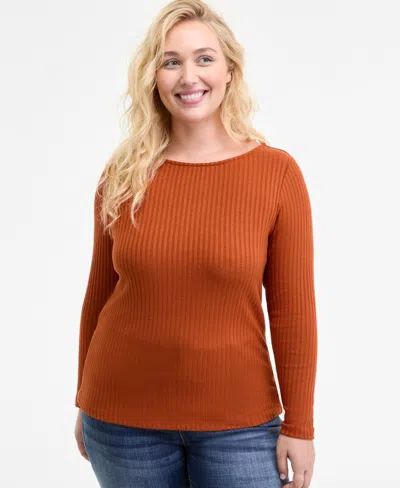 Liverpool Los Angeles Trendy Plus Size Ribbed Boatneck Top In Brown