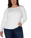 Liverpool Los Angeles Trendy Plus Size Ribbed Boatneck Top In White