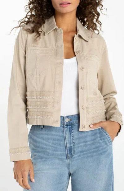Liverpool Los Angeles Denim Trucker Jacket With Fray And Lace In Safari Sand In Neutral