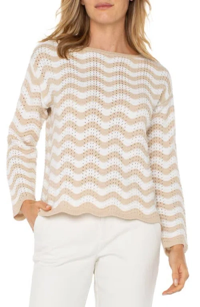 Liverpool Los Angeles Wavy Stripe Pointelle Cotton Blend Sweater In Tan Ivory Stripe