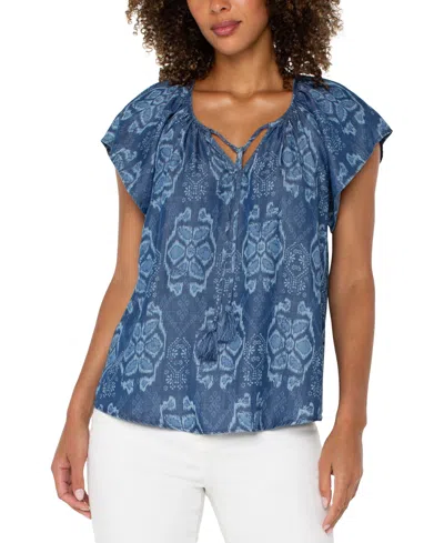 LIVERPOOL LOS ANGELES WOMEN'S CHAMBRAY IKAT SPLIT-NECK TOP