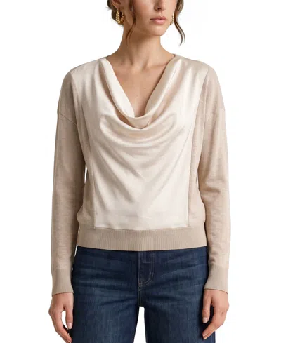 Liverpool Los Angeles Drape Neck Mixed Media Sweater In Neutral