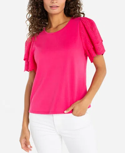 Liverpool Los Angeles Eyelet Sleeve Mixed Media Top In Pink