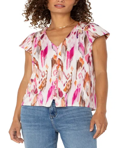 Liverpool Los Angeles Women's Flutter Sleeve Button Front Knit Top In Pink Painted Ikat