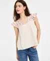 Liverpool Los Angeles Flutter Sleeve Top In Bone With Multi Embroidery