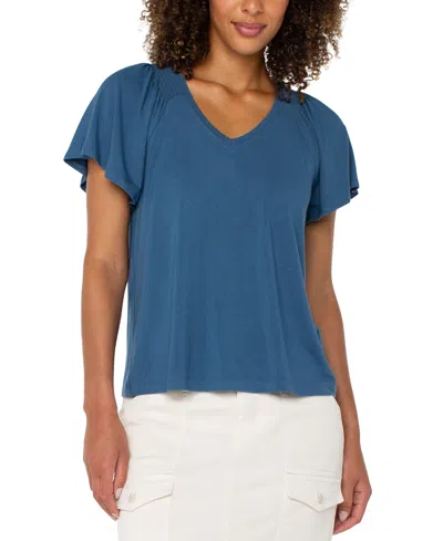 Liverpool Los Angeles Women's Flutter-sleeve V-neck T-shirt In French Blue