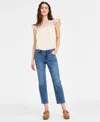 Liverpool Los Angeles Womens Flutter Sleeve V Neck Embroidered Blouse Kennedy Cropped Straight Leg Denim Jeans In Temecula