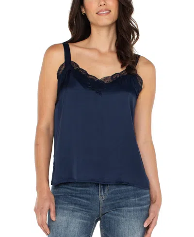 Liverpool Los Angeles Women's Lace Trim Satin Tank Top In Blue