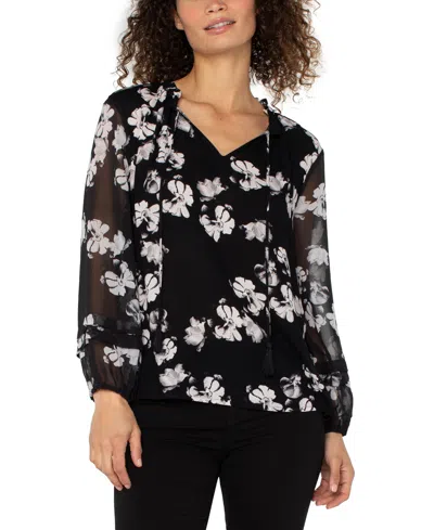 Liverpool Los Angeles Split Neck Sheer Sleeve Top In Black