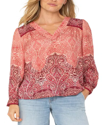 LIVERPOOL LOS ANGELES WOMEN'S LONG SLEEVE V-NECK POPOVER WOVEN BLOUSE