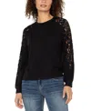 Liverpool Los Angeles Lace Inset Crewneck Knit Top In Black