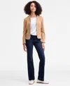 Liverpool Los Angeles Womens Collarless Fray Edge Jacket Sleeveless Woven To Knit Top Lucy Mid Rise Bootcut Jeans In Brown