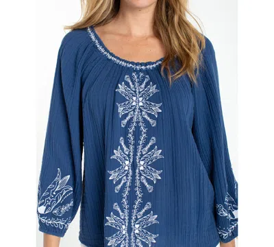 Liverpool Los Angeles Embroidered Cotton Peasant Top In Blue