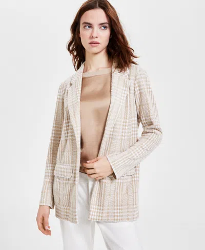 Liverpool Los Angeles Women's Plaid Boucle Boyfriend Blazer In Cream Tan Plaid