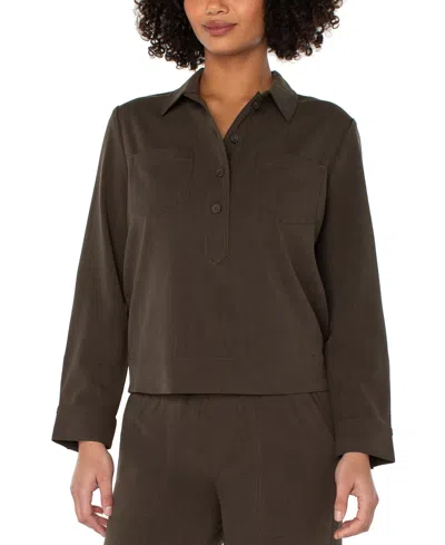 Liverpool Los Angeles Popover Long Sleeve Shirt With Elastic At Waist In Brown