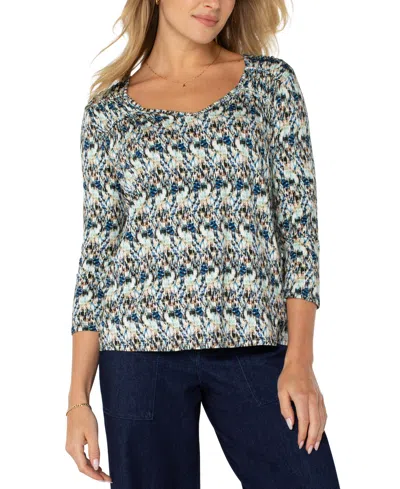 Liverpool Los Angeles Women's Printed Shirred Top In Blue Mlt Textre