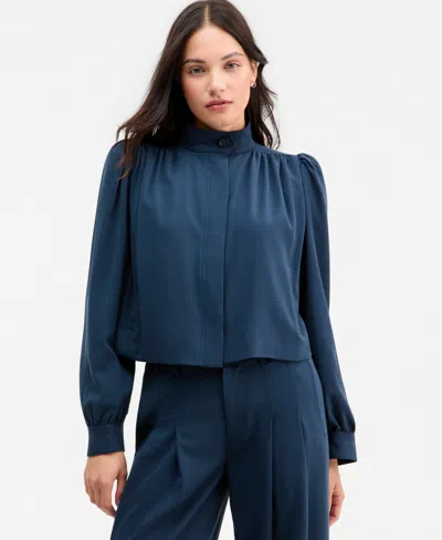 Liverpool Los Angeles Women's Puff-sleeve Hidden-placket Jacket In Blue