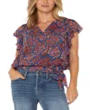 Liverpool Los Angeles Floral Ruffle Sleeve Top In Blue,pink Floral