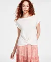 Liverpool Los Angeles Women's Short Sleeve Boat Neck Knot Front Knit Top In Whipped Cream